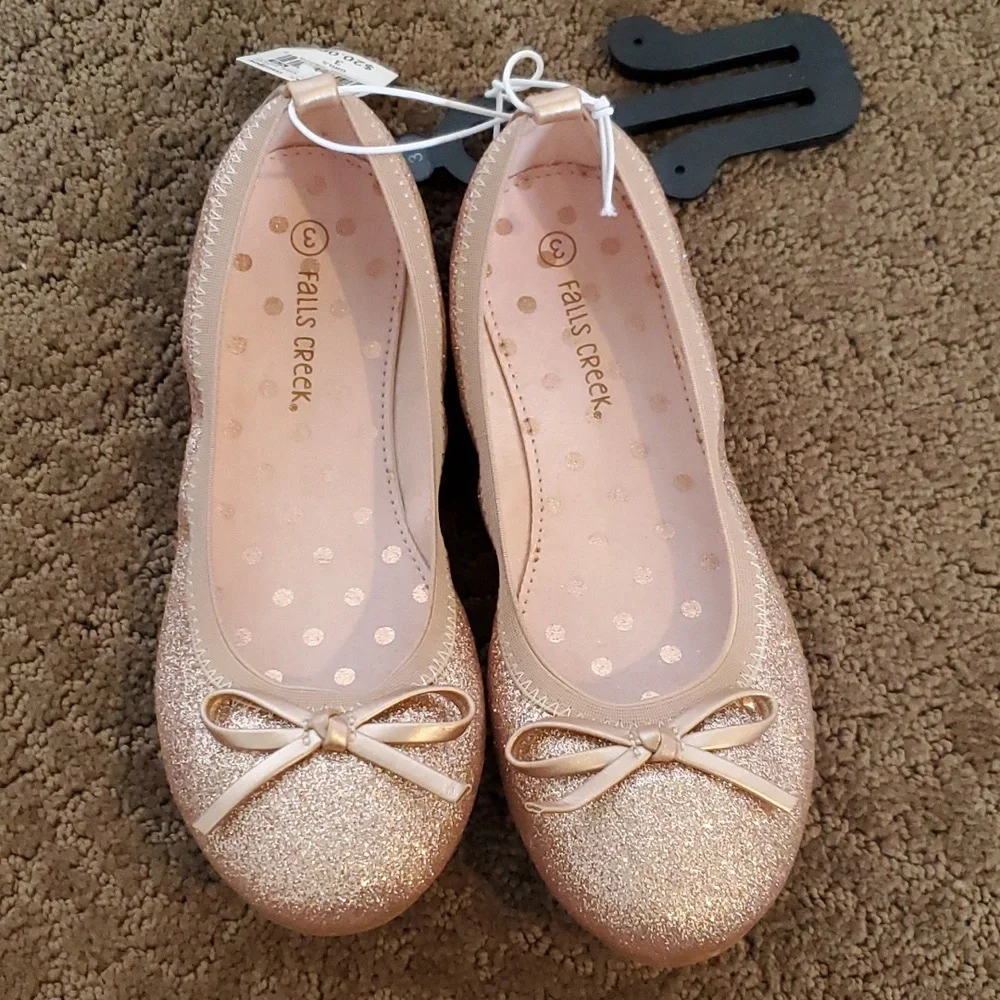 Girls Falls Creek Emma Rose Gold Ballet Flats Dress Shoes Size 3 4 Glitter NWT